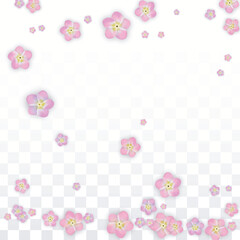 Vector Realistic Pink Flowers Falling on Transparent Background.  Spring Romantic Flowers Illustration. Flying Petals. Sakura Spa Design. Blossom Confetti. Design Elements for Wedding Decoration.