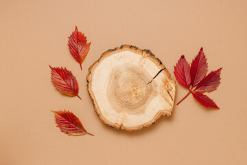 Wooden aesthetic podium with autumn red leaves top view, brown background