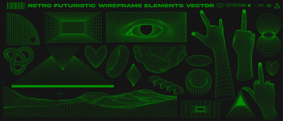 Retro futuristic grid, wireframe, abstract geometry, brutalism, rave design elements collection vector - obrazy, fototapety, plakaty