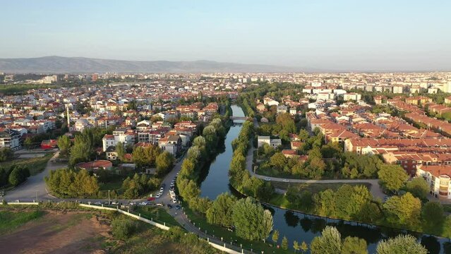 Aerial view of Eskişehir and river ff Porsuk. 4K UHD aerial video.