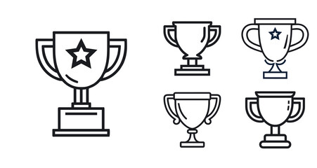 Set of pictogram trophy. First prize winner. Success symbol. Champion cup, grand victory.Isolated vector design of reward. Celebration emblem. Infographic element. Award ceremony. Black logo isolated.