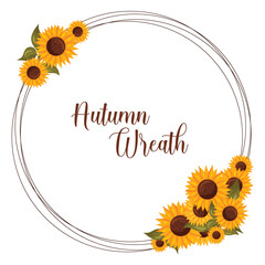 Autumn wreath with sunflowers with space for text. Vector illustration isolated white background.