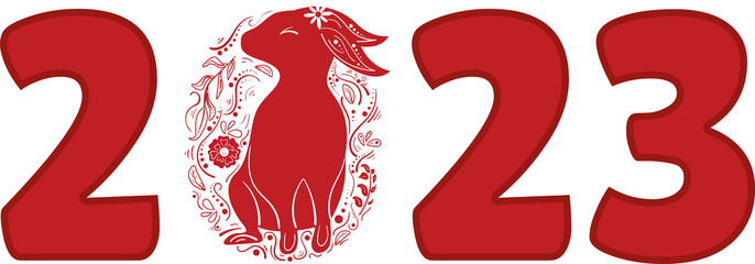 Chinese 2023 New Year Numeric. Zodiac Red Rabbit with Floral Ornament
