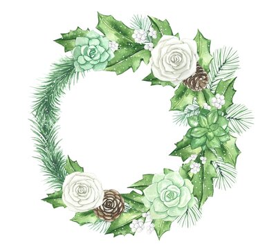 Floral Wreath With White Roses, Succulents, Spruce Branches