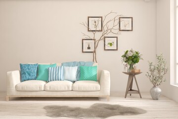 White living room with sofa. Scandinavian interior design. 3D illustration