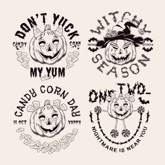 Set of halloween labels with sweets, candy corn, bones, bat, witch hat, text, pumpkins like human characters such as happy kids and funny witch. Monochrome emblems in vintage style on white background