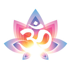 Lotus sacral flower with OM mantra vector illustration. Spiritual symbol.