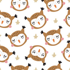 Seamless pattern with funny owls and forest elements. Vector illustration isolated on white background for your design