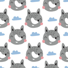 Seamless pattern with a cute wolf for girls and boys. Vector illustration isolated on white background for your design.