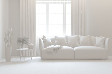 White minimalist living room with sofa. Scandinavian interior design. 3D illustration