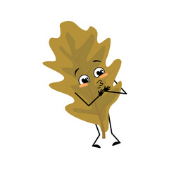 Oak leaf character with love emotions, smile face, arms and legs. Cheerful forest plant in autumn brown colour. Vector flat illustration