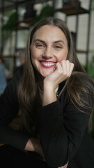 Portrait of a charming young woman smiling at camera seated at coffee shop. Happy girl in 20s smile in Vertical Video SS