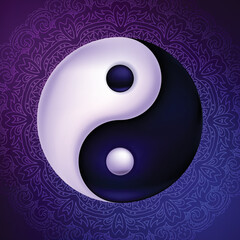 Yin and yang colorful symbol on mandala background.