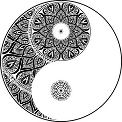 Yin and yang ornamental mandala symbol. Decorative sacral sign vector illustration.