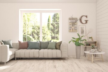 Fototapeta premium Minimalist living room in white color with sofa and summer landscape in window. Scandinavian interior design. 3D illustration