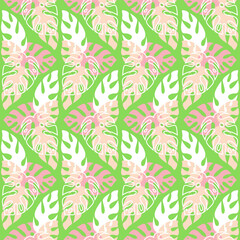 Tropical jungle seamless pattern palm monstera leaf, vector illustration