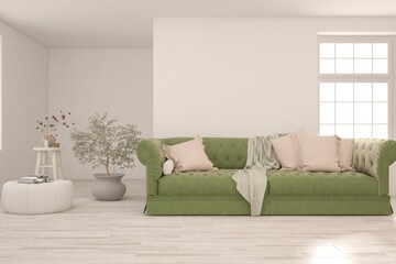 White living room with sofa. Scandinavian interior design. 3D illustration