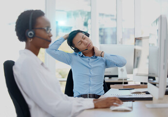 Call center, businessman and neck pain, stress and injury at office desk in sales agency. Worker...