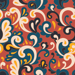 Retro psychedelic hippie design for package, branding, textile, stationery, wraping paper, gift cards, any surface. Abstract vintage fashion print. Old style groovy 60s 70s vector seamless pattern.