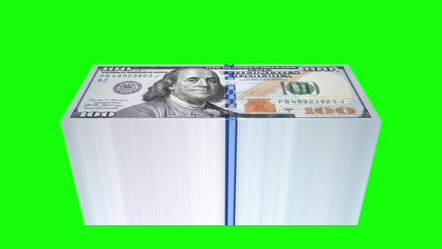 American 100 dollar banknotes stack green key animation. Business and Finance concepts.