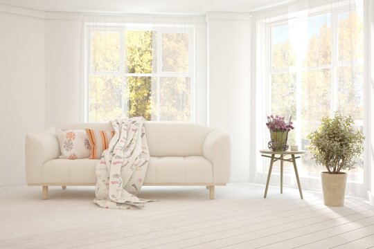 Autumn interior concept with white sofa and sunny landscape in window. Scandinavian interior design. 3D illustration