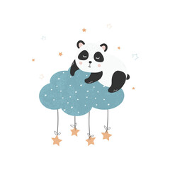 Obraz na płótnie Canvas Cute little panda on a cloud with stars. Children's illustration for posters, fabric prints and children's cards on a white background. Vector
