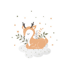 Cute little red deer sleeping on a cloud. Children's illustration for posters, fabric prints and children's cards on white background. Vector