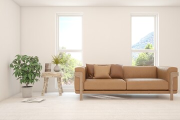 White living room with sofa and summer landscape in window. Scandinavian interior design. 3D illustration