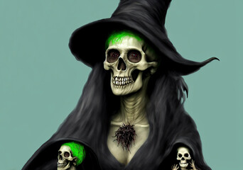Portrait of a skeleton witch. Skull face. Day of The Dead, Halloween concept. Digital illustration.