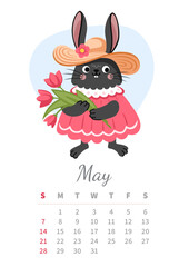 May 2023 calendar vertical page. Chinese black water rabbit, symbol of year. Cute bunny girl with flowers bouquet. A4 wall calendar design. Vector illustration.