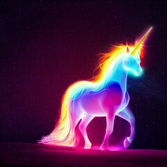 Obraz na płótnie Canvas A beautiful unicorn glowing in the dark, vibrant neon colors, blue, yellow, purple, dark background, translucent. Photo realistic, concept art, background, illustration