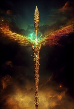 A beautiful sword made of gold floating in the air, heaven cloud background with a dark light, destiny blade, angel weapon. Painting, concept art, illustration, wallpaper