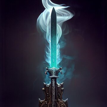 A beautiful sword made of metal surrounded by smoke and magical energy. Knight, medieval sword, heavy fantasy weapon, Photo realistic, concept art, background, illustration