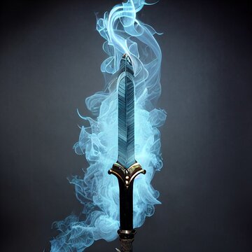 A beautiful sword made of metal surrounded by smoke and magical energy. Knight, medieval sword, heavy fantasy weapon, Photo realistic, concept art, background, illustration