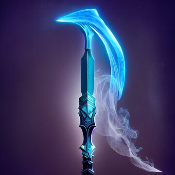 A beautiful sword made of metal surrounded by smoke and magical energy. Knight, medieval sword, heavy fantasy weapon, Photo realistic, concept art, background, illustration