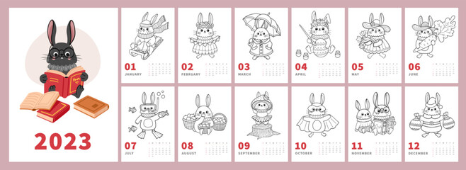 2023 year calendar vertical page. Cute bunny outline cartoon character, coloring book template for children activity. Chinese rabbit, traditional symbol of year. 12 months.