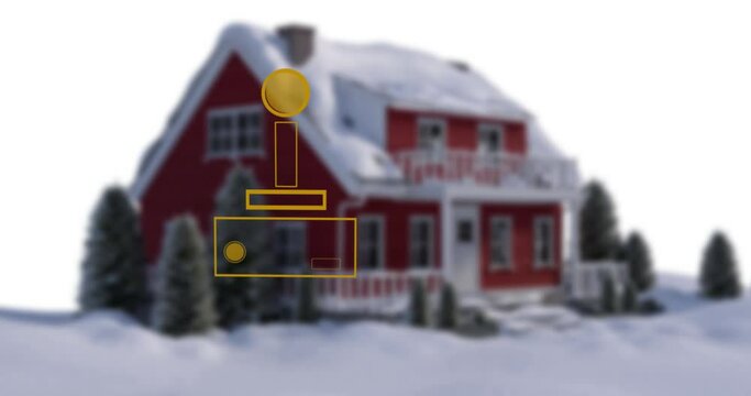 Animation of symbol over blurred house covered with snow