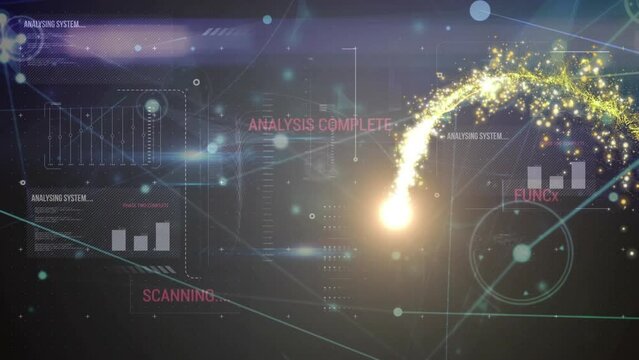 Animation of shooting star over connections and data processing on black background