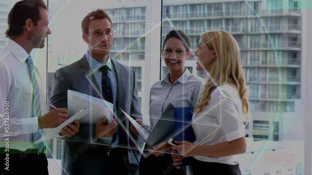 Wall mural animation of cubes moving over diverse businesspeople in office