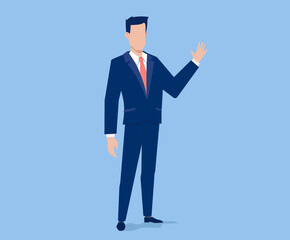 Vector business illustration of business man greets with hand on blue color background. Flat style design of man manager