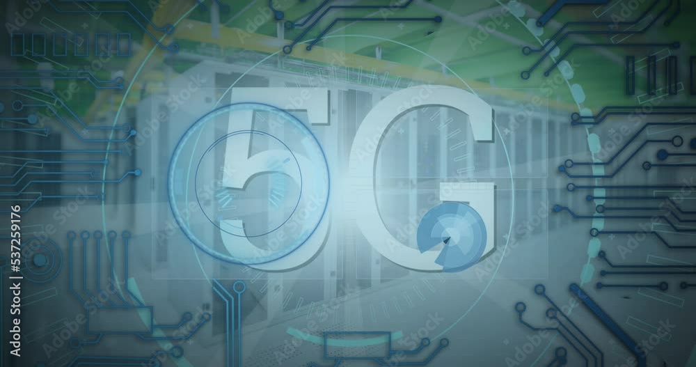 Poster animation of scope scanning with 5g text over server room