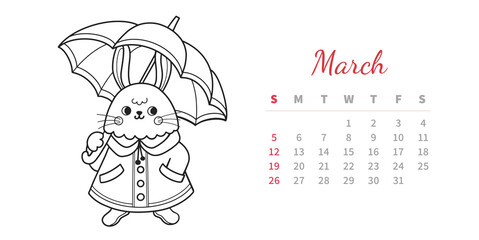March 2023 horizontal calendar page with cute outline bunny. Rabbit with umbrella, spring season. Chinese new year symbol. Coloring book vector illustration.