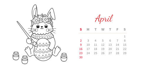 Obraz premium April 2023 horizontal calendar page with cute outline bunny. Rabbit coloring easter egg, happy easter holiday. Chinese new year symbol. Coloring book vector illustration.
