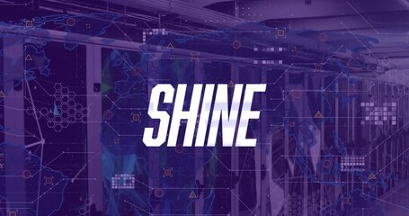 Animation of kick text with network of connections and world map over server room - Powered by Adobe