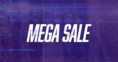 Animation of mega sale text with data processing over server room - Powered by Adobe