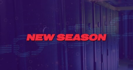 Animation of new season text with data processing over server room - Powered by Adobe