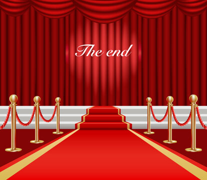 Red closed curtain in hall for ceremony, Golden fencing and red carpet leading to the stage with spotlight and the inscription "the end". Vector illustration in realistic style.