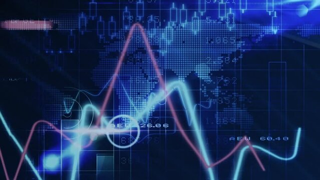 This animation is a digital simulation of a blue stocks and shares technology screen