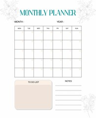 Cute Monthly Planner with flowers, to do list, notes, printable.