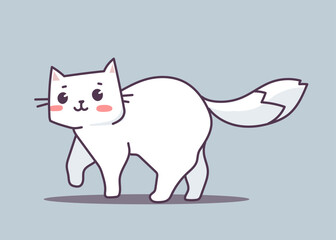 Vector illustration of happy cute white cat character on gray color background. Flat line art style design of walking animal cat